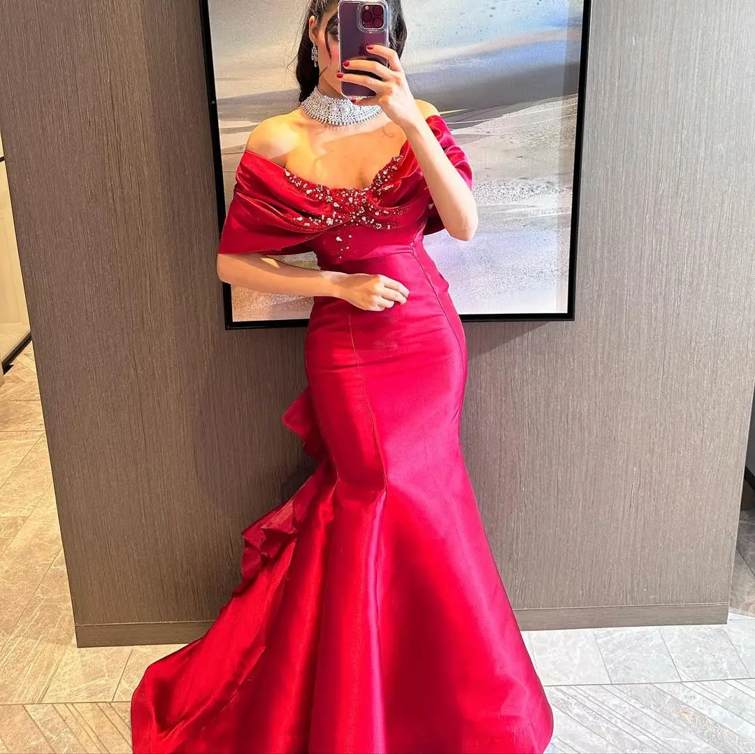 Off Shoulder Beads Evening Dresses 2023 New Red Mermaid Ruffles Floor-Length Prom Dresses Arabia Party Gown فساتين مناسبة رسمية