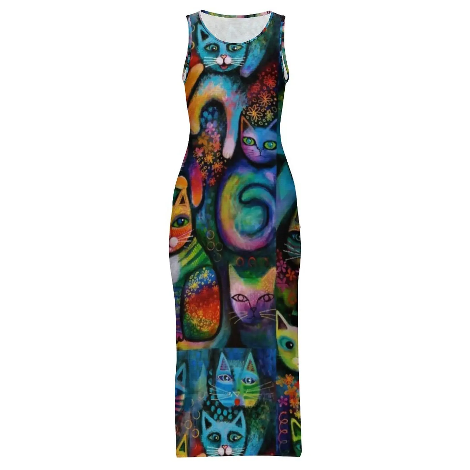 บทคัดย่อแมวชุดแขนกุดสายรุ้งแมว Acrylics อินเทรนด์ Maxi ชุดวันหยุด Y2K แฟชั่นรูปแบบชุด Bodycon 2XL 3XL 4XL