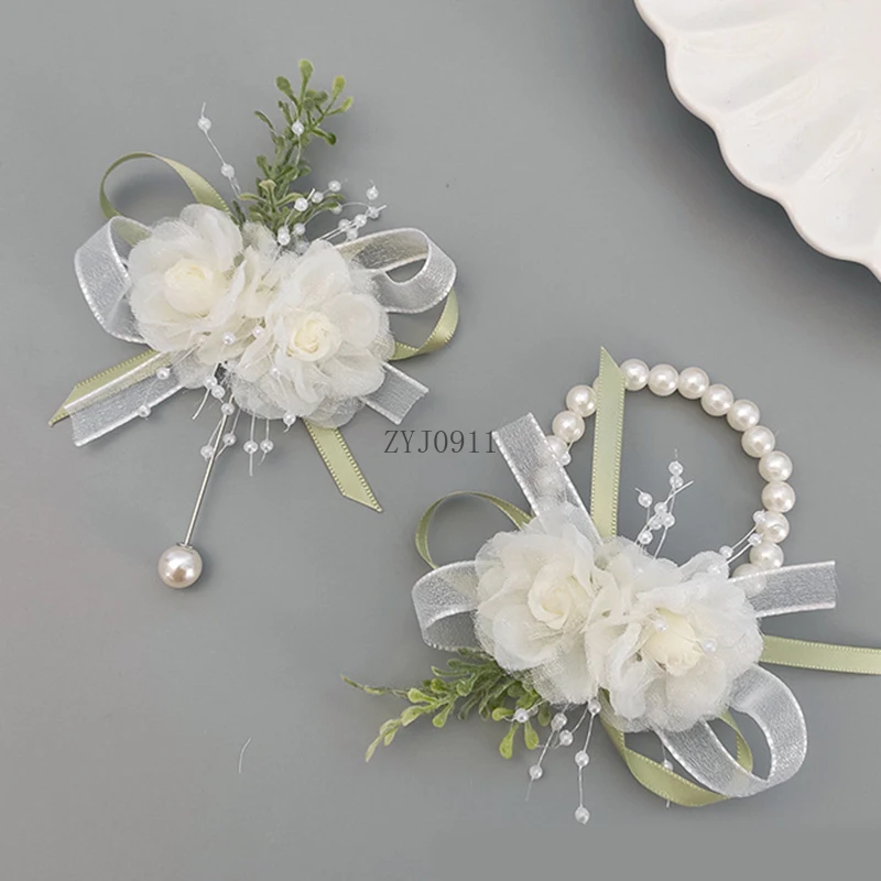 * สาวเพื่อนเจ้าสาวข้อมือ Corsage เจ้าสาวพรหมปาร์ตี้ Boutonniere ซาติน Rose Pearl สร้อยข้อมือผ้ามือดอกไม้งานแต่งงานอุปกรณ์เสริม