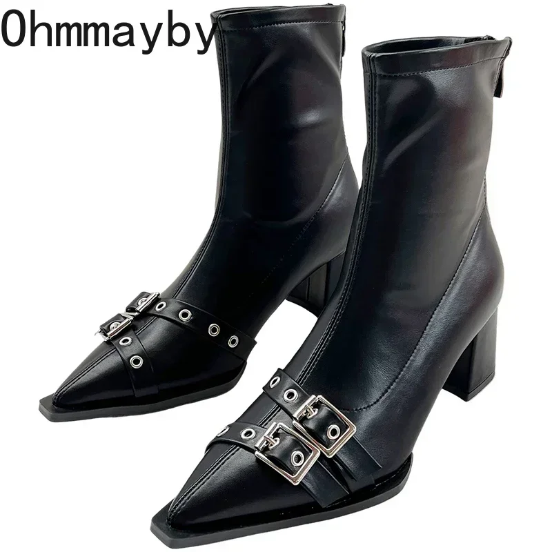 Pointed Toe Women Slimming Ankle Boots Fashion Belt Buckle Shoes Autumn Winter Thick Heel Ladies Elegant Short Booties