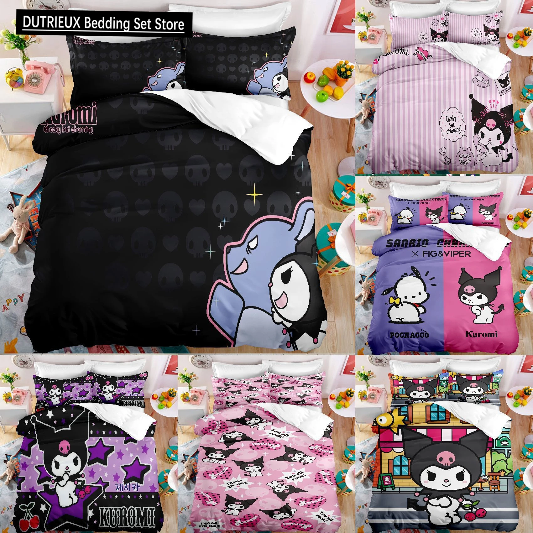 Sanrio Cartoon Kuromi Bedding Set Melody Cute Duvet Cover Pillow Cover Children's Bed Two Bedroom Decoration Three Piece Set