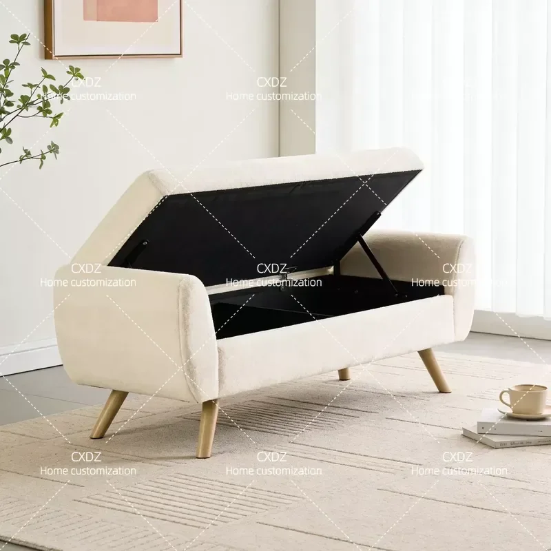 Nordic Lamb Wool Shoe Stool Storage Bench for Entryway Bedroom Living Room Long Ottoman Seat with Hidden Compartment Home