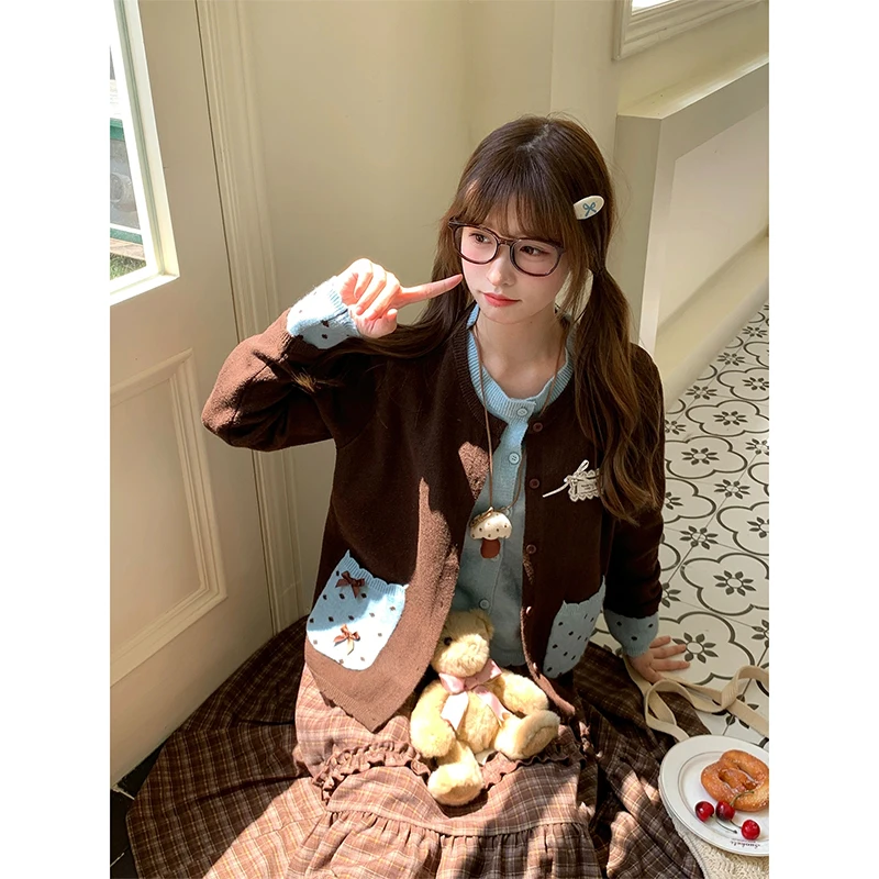 

MEXZT Vintage Cropped Knitted Cardigan Women Kawaii Polka Dots Patchwork Sweater Outerwears Harajuku Bow Knitwears Cute Jumpers