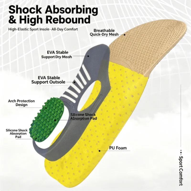 EVA Sports Insoles Arch Support Shock Absorption Sweat Absorbing Breathable Shoe Pad For Basketball Running Foot Care Training