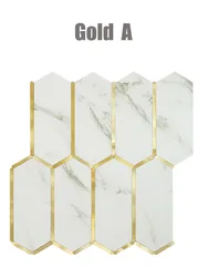 European Self-Adhesive Metal Long Hexagon Gold Mosaic Tile Aluminum Plastic Wall Stickers for Living Room Kitchen Bar Decor