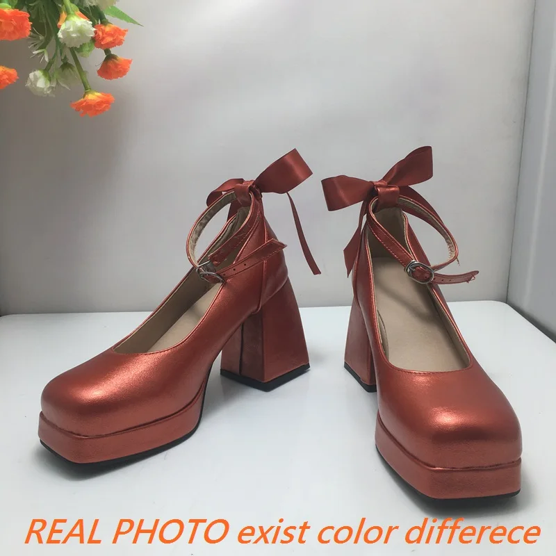 REAVE CAT Female Boots Toe Block Heels 9.5cm Platform 2cm Ankle Buckle Strap Bowknot Size 47 48 Fashion Party Shoes