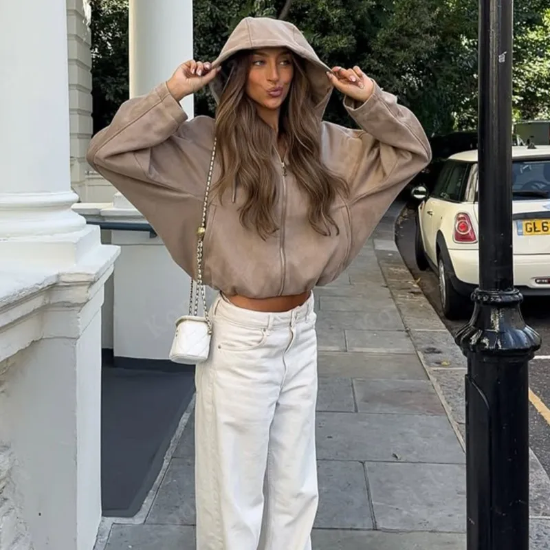 

Куртка с капюшоном в стиле ретро, женская повседневная свободная куртка на молнии, осень-зима 2025, новые модные винтажные толстовки, простая женская толстовка