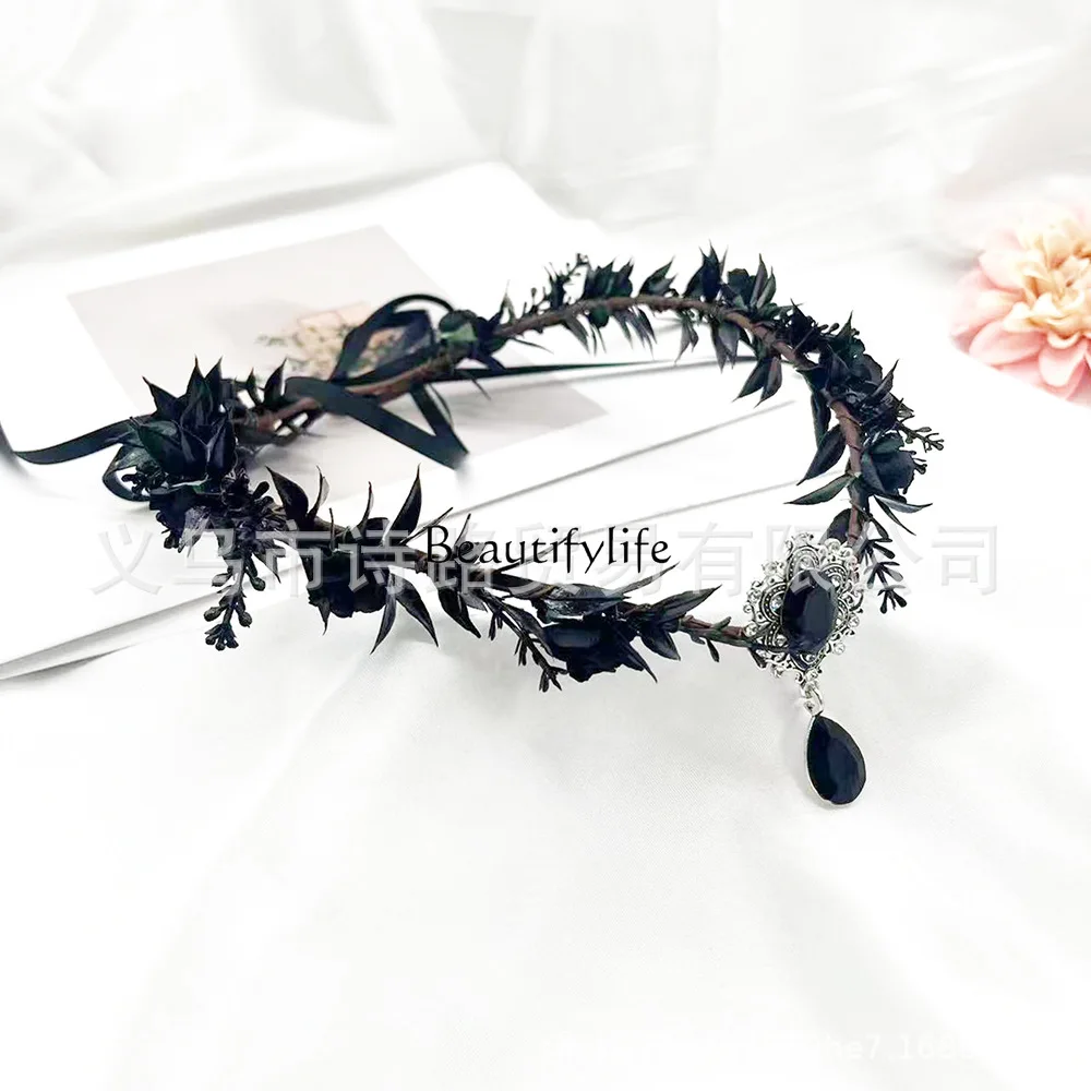 Black Rose Headband Halloween Gothic Headgear Vintage Elf Eyebrow Pendant Wreath