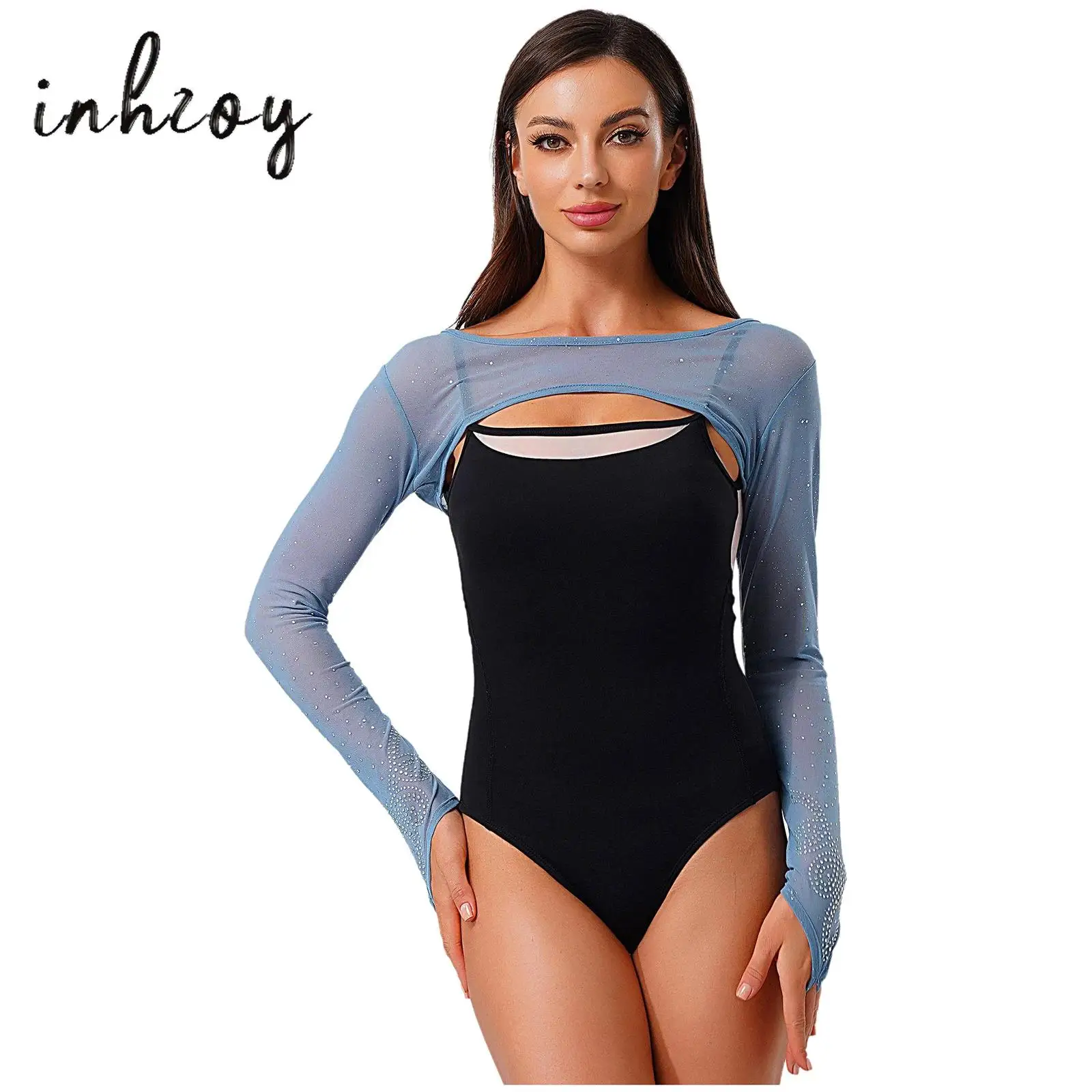 

Womens Glittery Rhinestone Mesh Dance Crop Tops Long Sleeve Pullover Shrugs Shoulder Cover Tops for Ballet Modern Dance Pracise