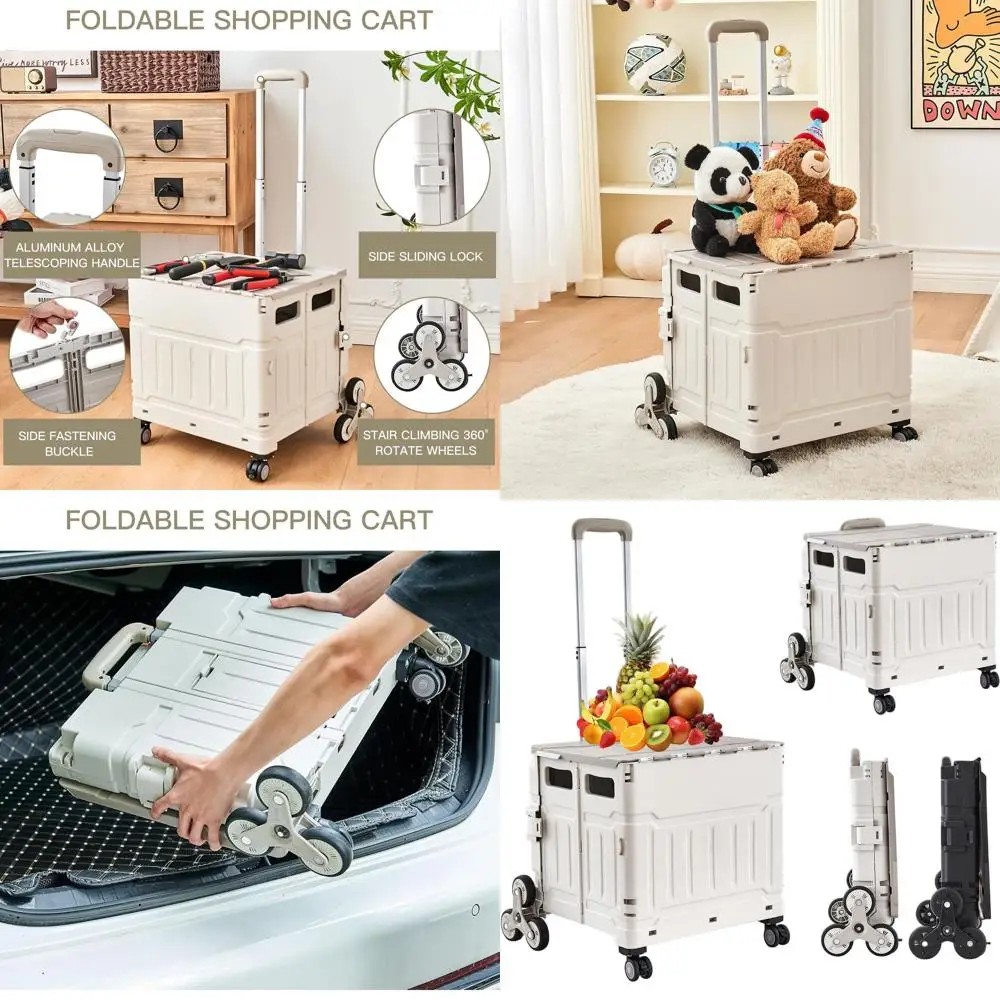 

Sturdy 8-Wheel Folding Cart with Telescoping Handle & Stair Wheels for Shopping - Grey