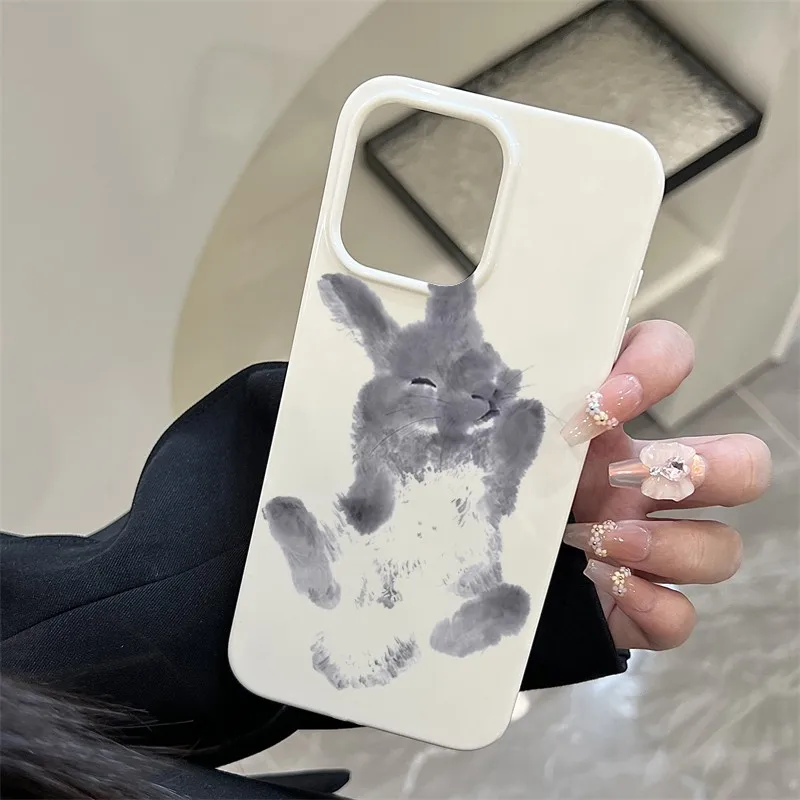 Tinta e lavagem pintura coelho arte design caso de telefone para iphone 16 15 14 13 12 11 pro max xs xr 8 plus filme brilhante capa dura para pc