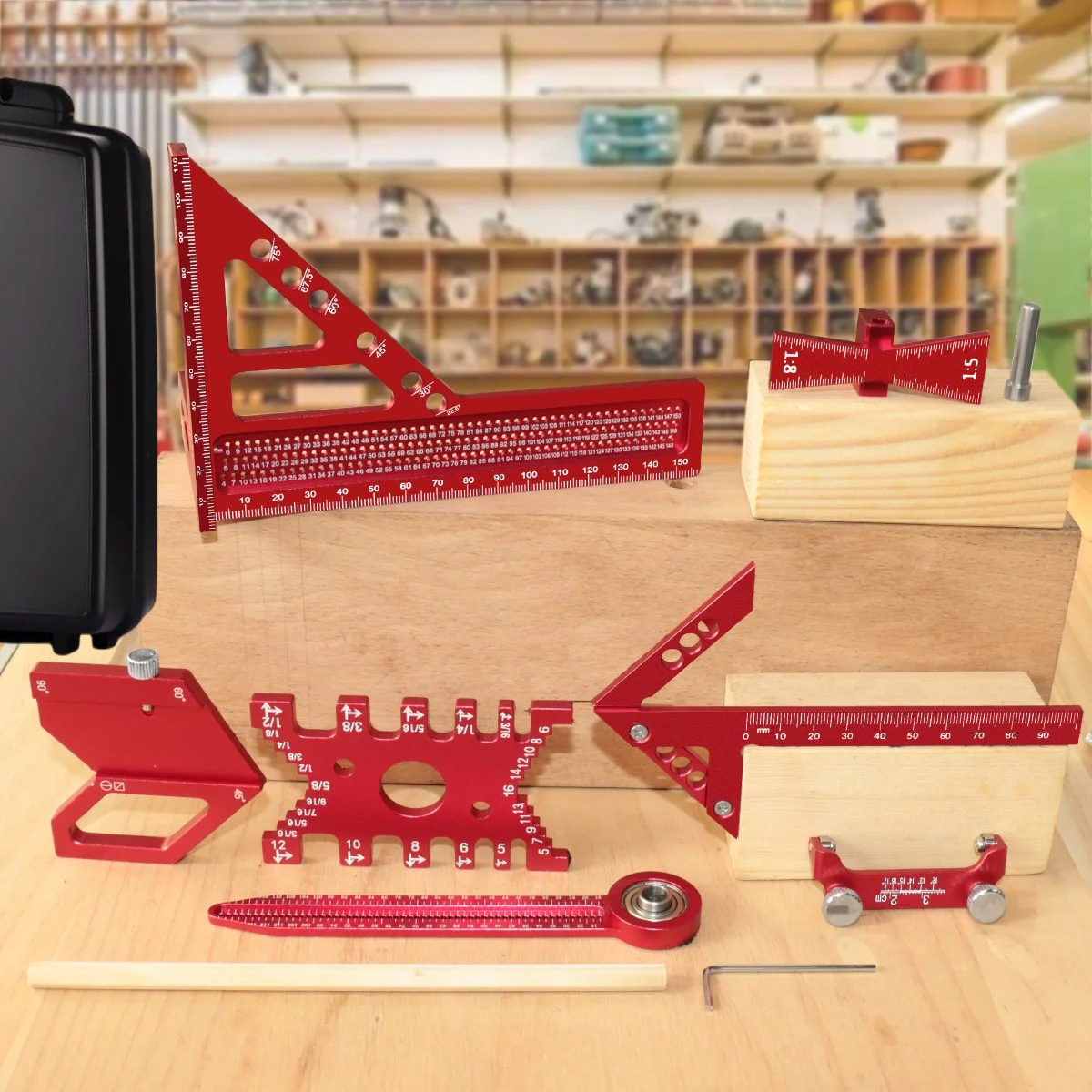 

8 шт. набор квадратов для деревообработки с коробкой, алюминиевой писчей линейкой, центральным искателем, круглым компасом для рисования, руководством для хонингования и многого другого