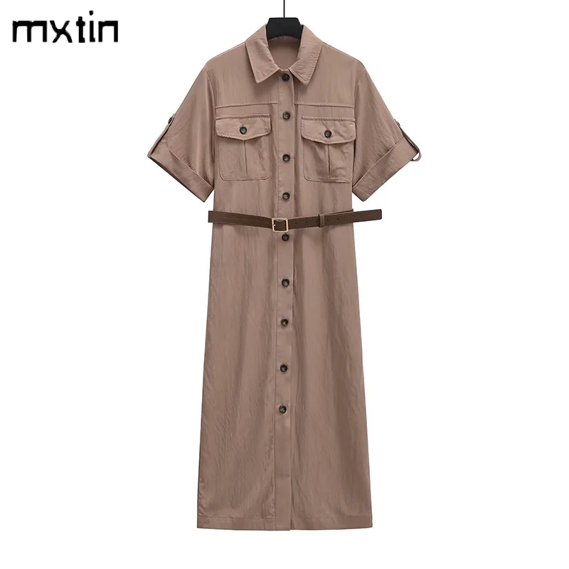 

Women's Summer Long Dress Vintage Fashion Spring Belt Lapel Collar Female Office Lady Elegant and Pretty Women's Dresses 2024