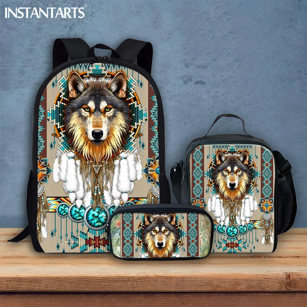 INSTANTARTS Tribal Aztec Wolf Print Boys Girls School Bag 3 Pcs Set Book Bags Canvas Backpack Pencil Bag Back To School Gifts