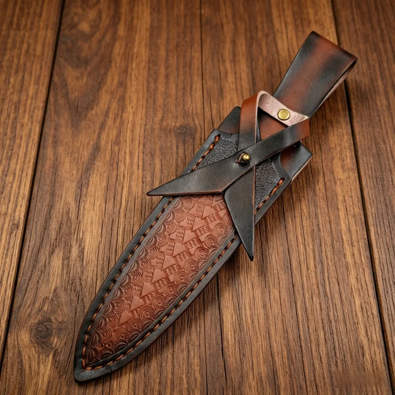 Gradient Triangle Emboss Split Cowhide Knife Sheath Cross Leather Strap Waist Carry Tool Scabbard Sheath Only No Knife Included