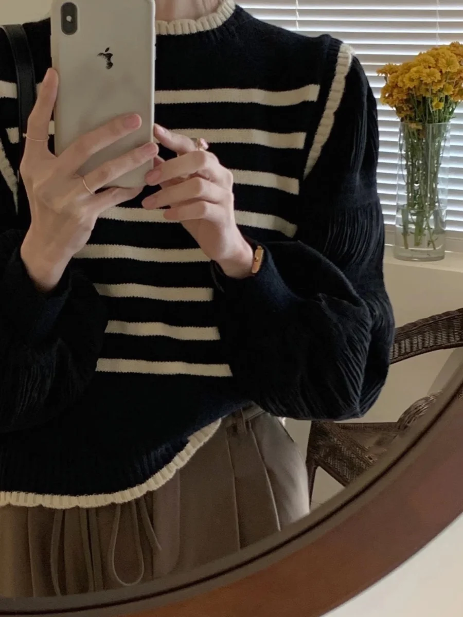 Comfortable Versatile Striped Knitwear Jaet Heavyweight Small Fraance Sle Single Button V-Ne Commute Wind for Young W...