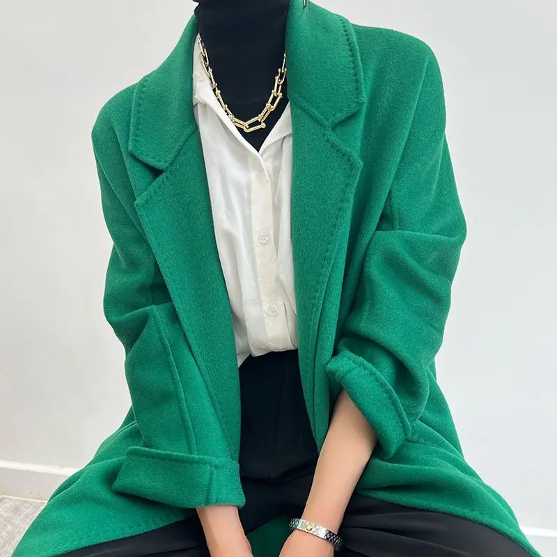 Cappotto medio e lungo da donna nuovo in cashmere double face Cappotto di lana di lana autunno inverno allentato di fascia alta di fascia alta da donna squisito