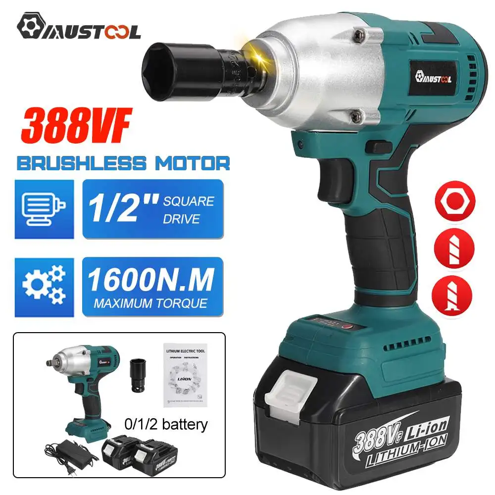 1/2inch 1600N.M Brushless Electric Impact Wrench Cordless Car Repair Power Tools with 388VF Battery pistola de impacto