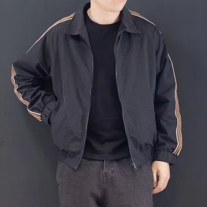 Spring Autumn Thin Baseball Style Men's Jacket Stand Collar Windbreaker Outdoor Casual Sporty Zipper Closure Polyester Fiber