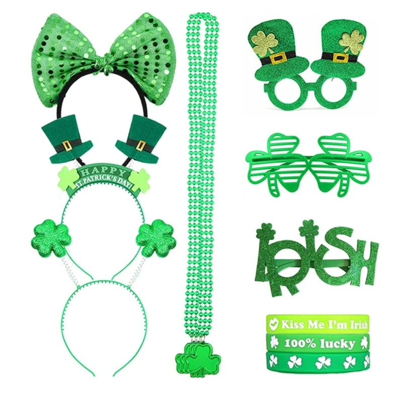 1set St Patricks Day Women Shamrock Headband with Bangles & Beads Necklace & Glasses Festival Costume for Cosplay Performances