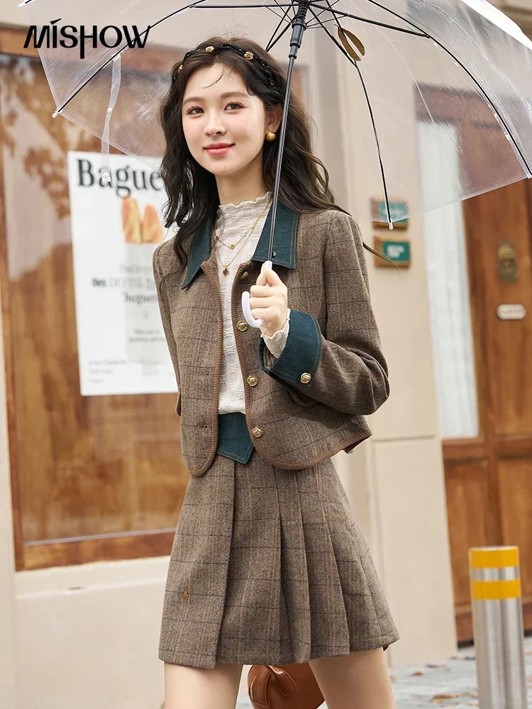 MISHOW Fashion Retro Plaid Suit for Women 2023 Autumn Wool Jacket Pleated Skirt Two-piece Sets Separately Office Lady MXC47W0154