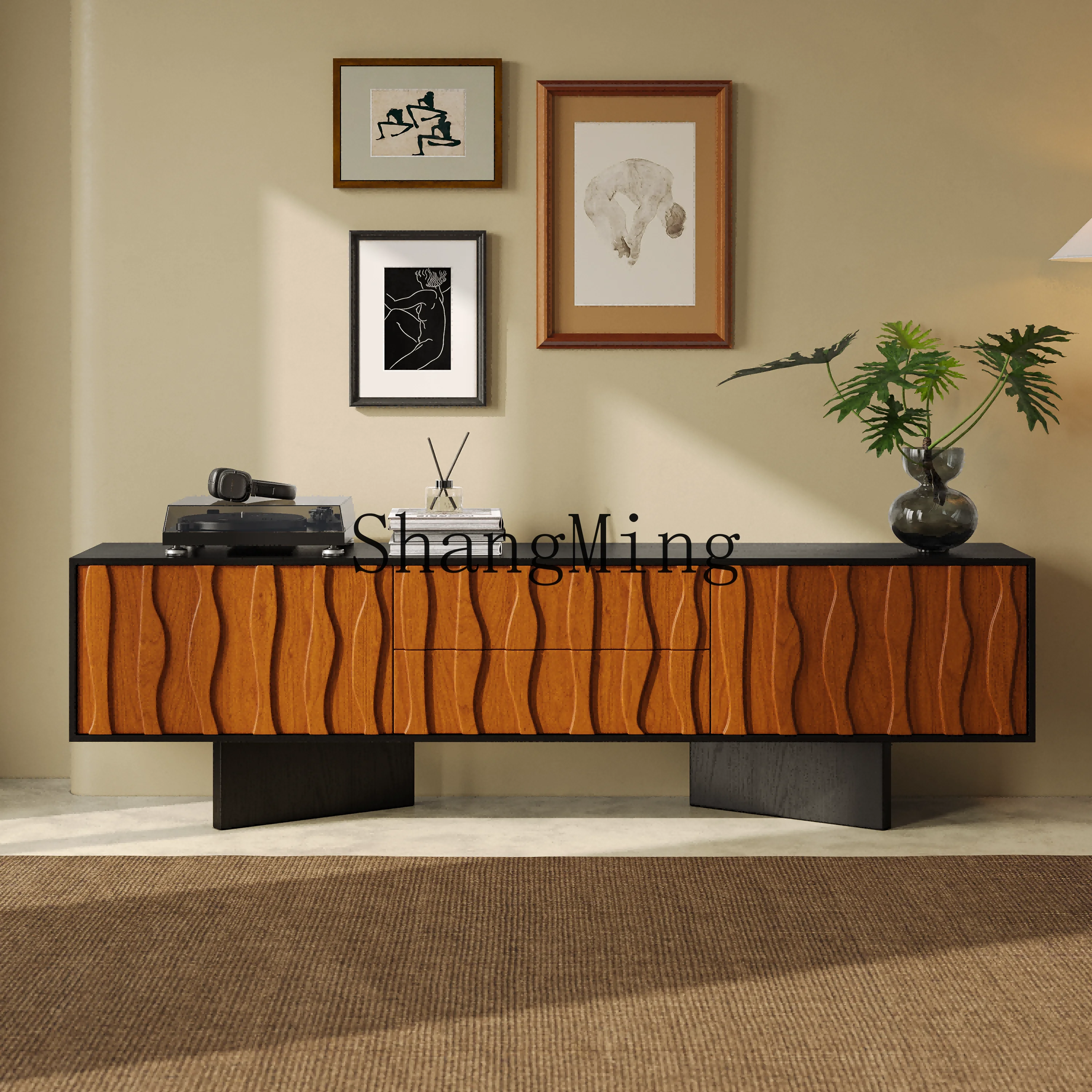 CL  wabi sand solid wood TV cabinet retro audio-visual modern simple living room high wave floor cabinet