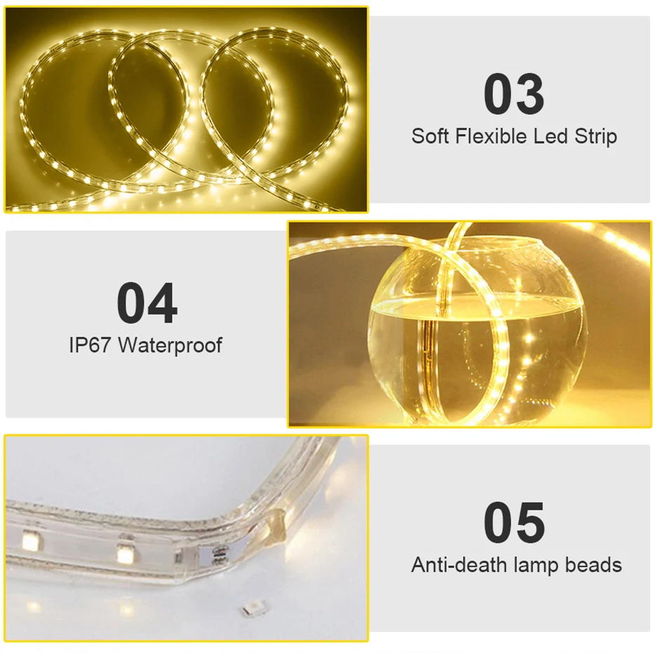 AC 220V LED Strip Light 5050 RGB SMD Waterproof Silicone Tube 1/2/3/4/5/6/7/8/9/10/12/15/20m RGB White 60LEDs/m + EU Power Plug