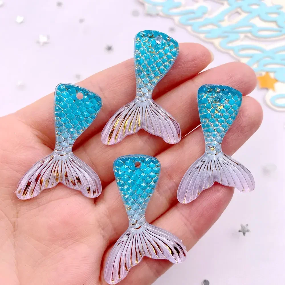 10pcs Glitter Colorful Resin Mermaid Tail Flat back Rhinestone Figurine DIY 1 Hole Decor  Art Scrapbook Jewelry Accessorie Craft