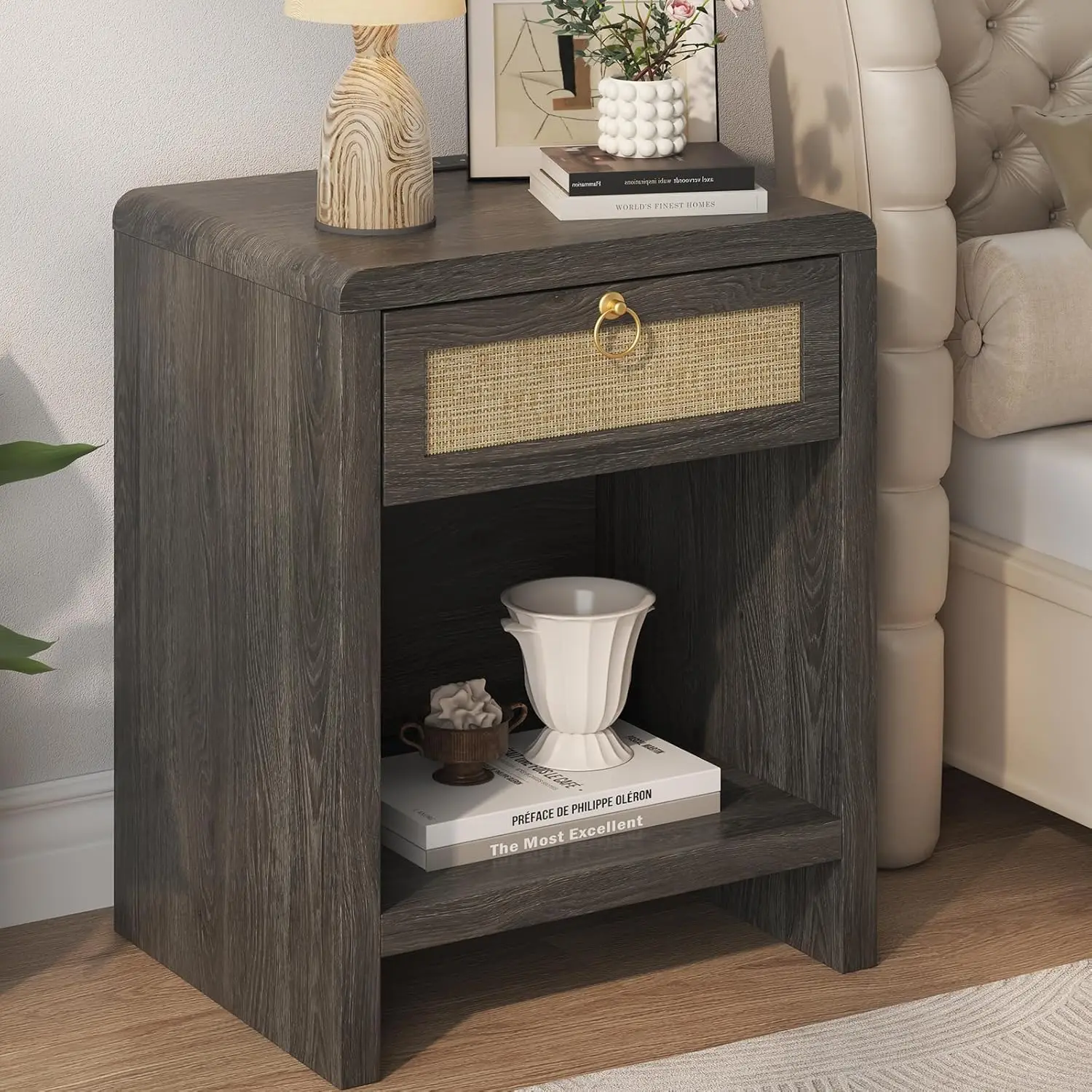 

Rattan Nightstand Bedside Table, Nightstand With Charging Station, End Table With Drawer And Storage Shelf,, Customized