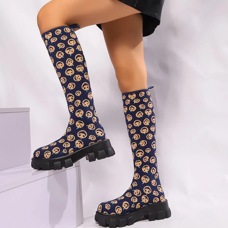 Sexy Thick Bottom Knit Socks Boots Women 2025 Autumn Chunky Platform Knee High Boots Halloween Pumpkin Woman\'s Long Booties 43