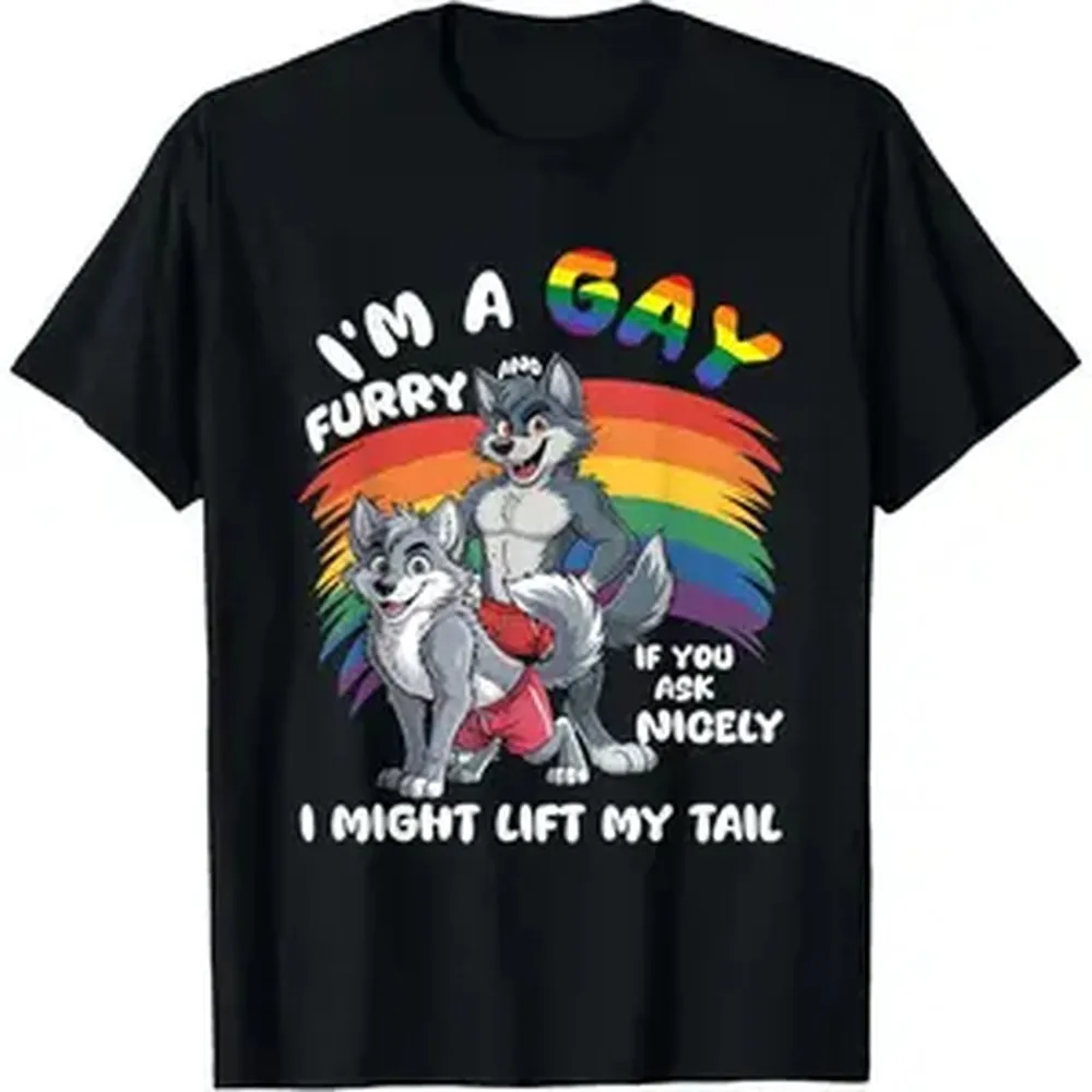 Men's Fun Gay Furry Pride Month T-Shirt - Rainbow Fox and Dog Pattern with the slogan "I'm Gay Furry," LGBTQ+ Apparel, Comfortable Crew Neck Short Sleeve Casual T-Shirt, Suitable for Casual Wear and Pride Events, Comfortable Fit for All Seasons, Adult Siz