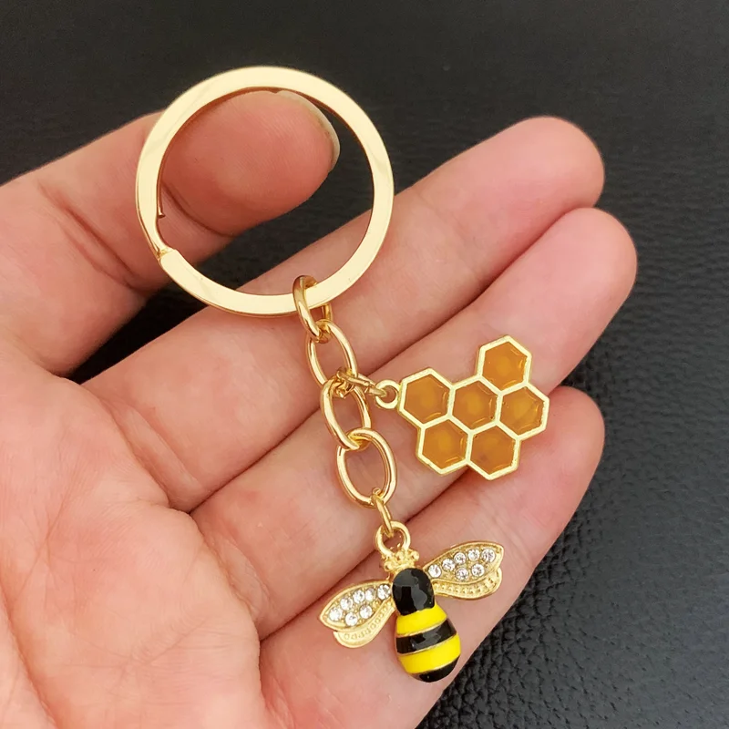 New/Cute Insect Enamel Bee Keychain Fashion Geometric Honeycomb Bee 3D Printed Glass Dome Keyring Chain Bumblebee Ornament