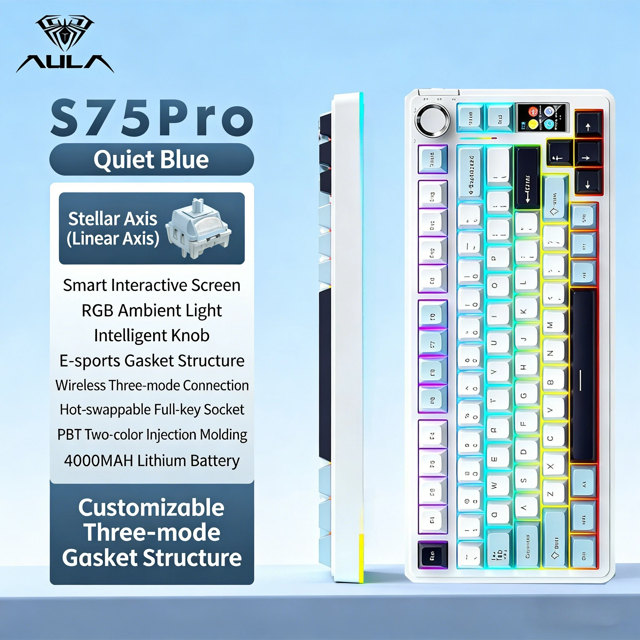 

Беспроводная механическая клавиатура AULA S75pro с тремя режимами подключения (Bluetooth, проводной), возможностью горячей замены переключателей, для ПК, игр, iPad, эргономичная, 80 клавиш.