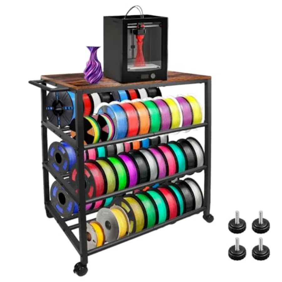 

Workshop 3D printer filament storage shelf: heavy-duty 4-tier stand with wheels black steel space-saving organization for filam
