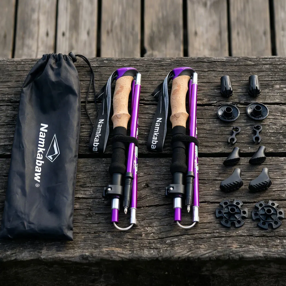 Juego de 2 piezas de bastones de senderismo plegables de 5 secciones, bastones telescópicos de aleación de aluminio para viajes, camping al aire libre y equipo de turismo