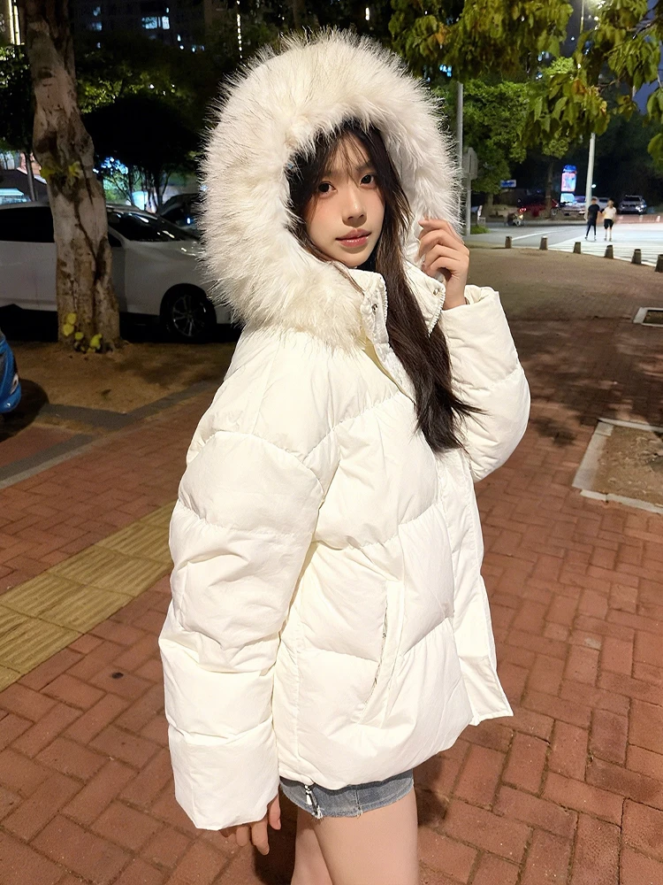 معطف أبيض بياقة من الفرو قابل للفصل بغطاء للرأس من القطن Jaet للسيدات شتوي كوري فضفاض معطف قطني للخبز الدافئ #3