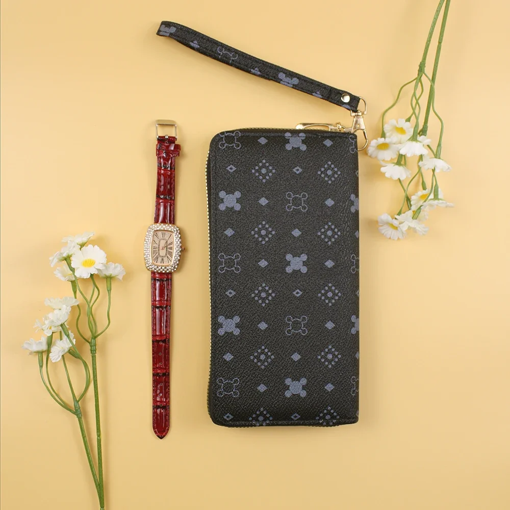 Relógio Retro de pulseira de couro para mulheres, carteira requintada, sacos clássicos, senhoras de luxo, atividades ao ar livre, 2pcs set