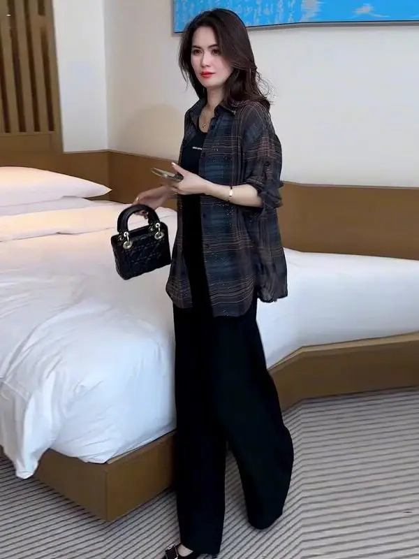 High-End plus Size Shirt Korean Fashion Casual Loose Slimming Plaid Outerwear Artistic Style Long Sleeve round Neck Single Bu... 3