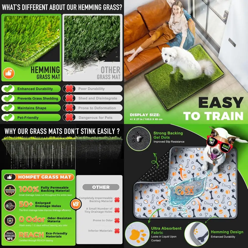 

Подушка для собачьей травы с большим подносом, 41 x 27 дюймов, 2 многоразовых искусственных газона для горшка для собак, водонепроницаемые нескользящие моющиеся подушечки для мочи, Quickl