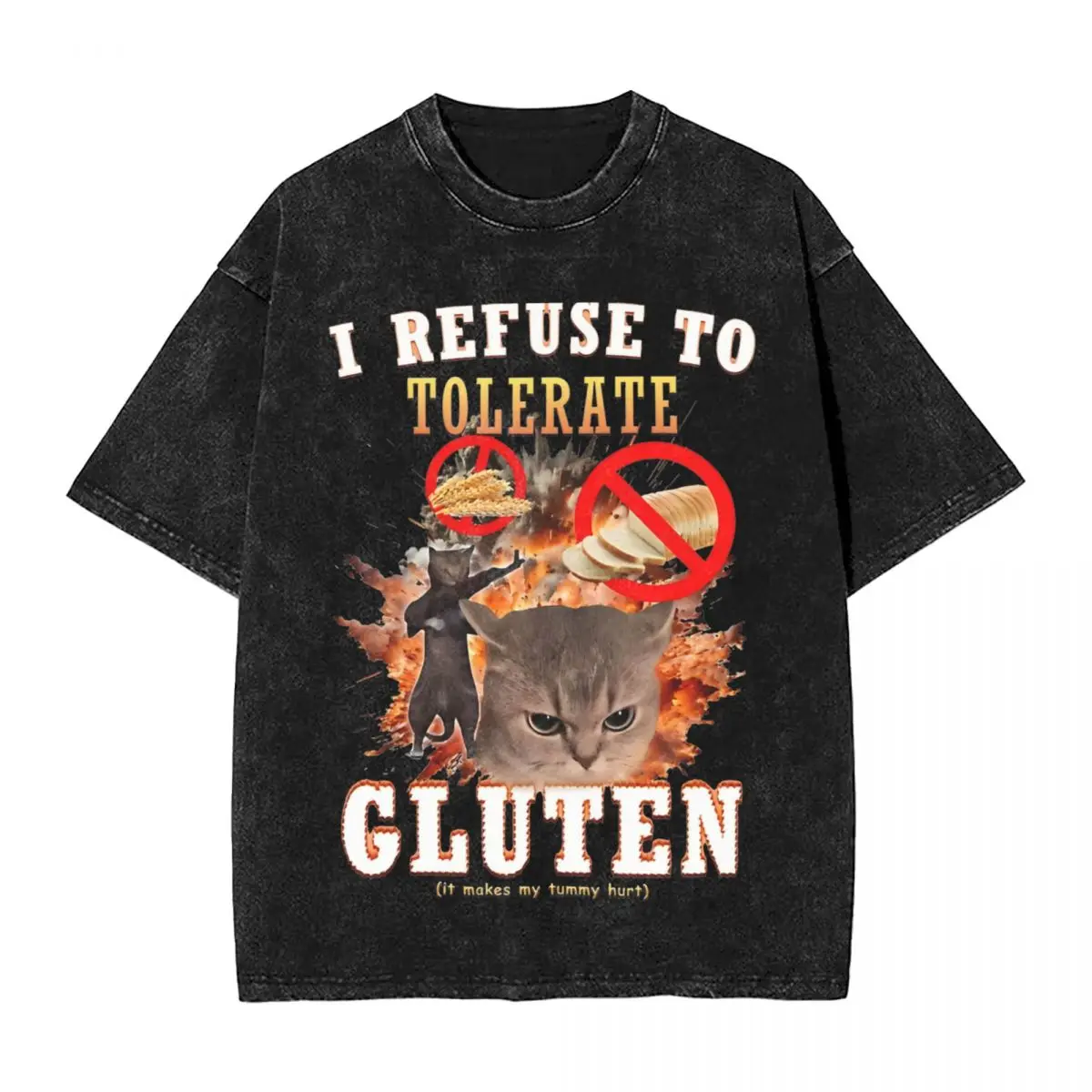 Men T Shirt I Refuse To Tolerate Gluten Funny Cat Meme Washed T Shirts Hip Hop Summer Tees Y2K Fun Loose Cotton Tops Gift Idea