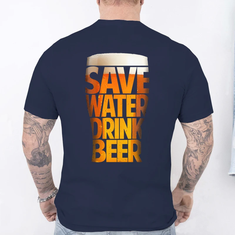 Save Water Drink Beer T-Shirt for Men Beer Glass Text Graphic Tees Funny Drinking Lover Gift for Party Short Sleeve O Neck Tops