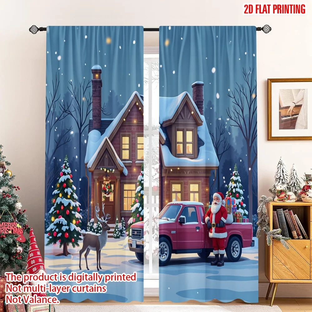 

2pcs 2D flat printing Merry Christmas Curtain Santa Claus delivering Christmas tree 100% Polyester Without Electricity Festive