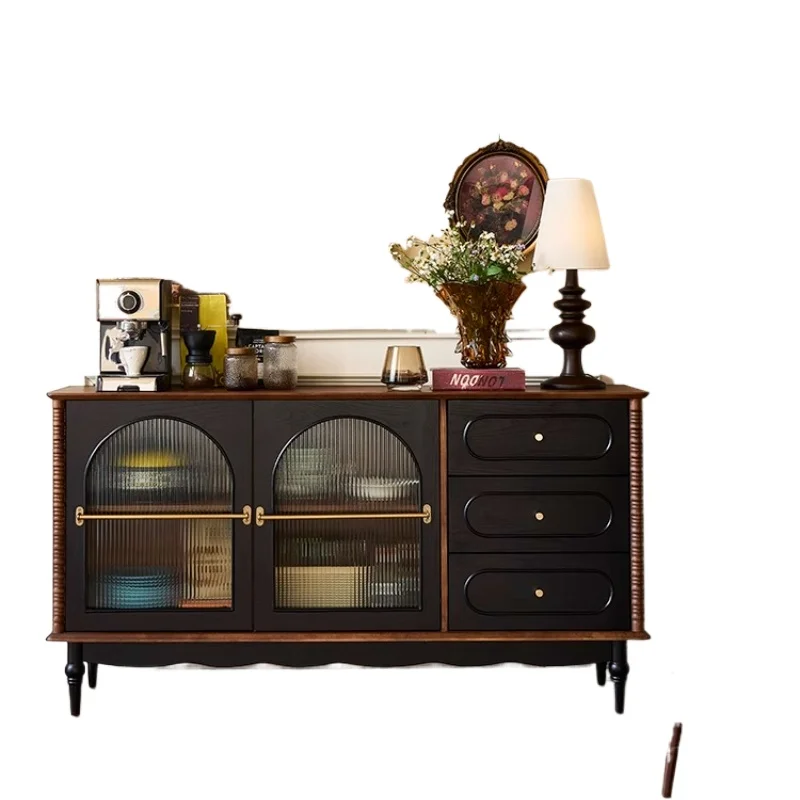 

French retro solid wood dining side cabinet, integrated storage locker against the wall