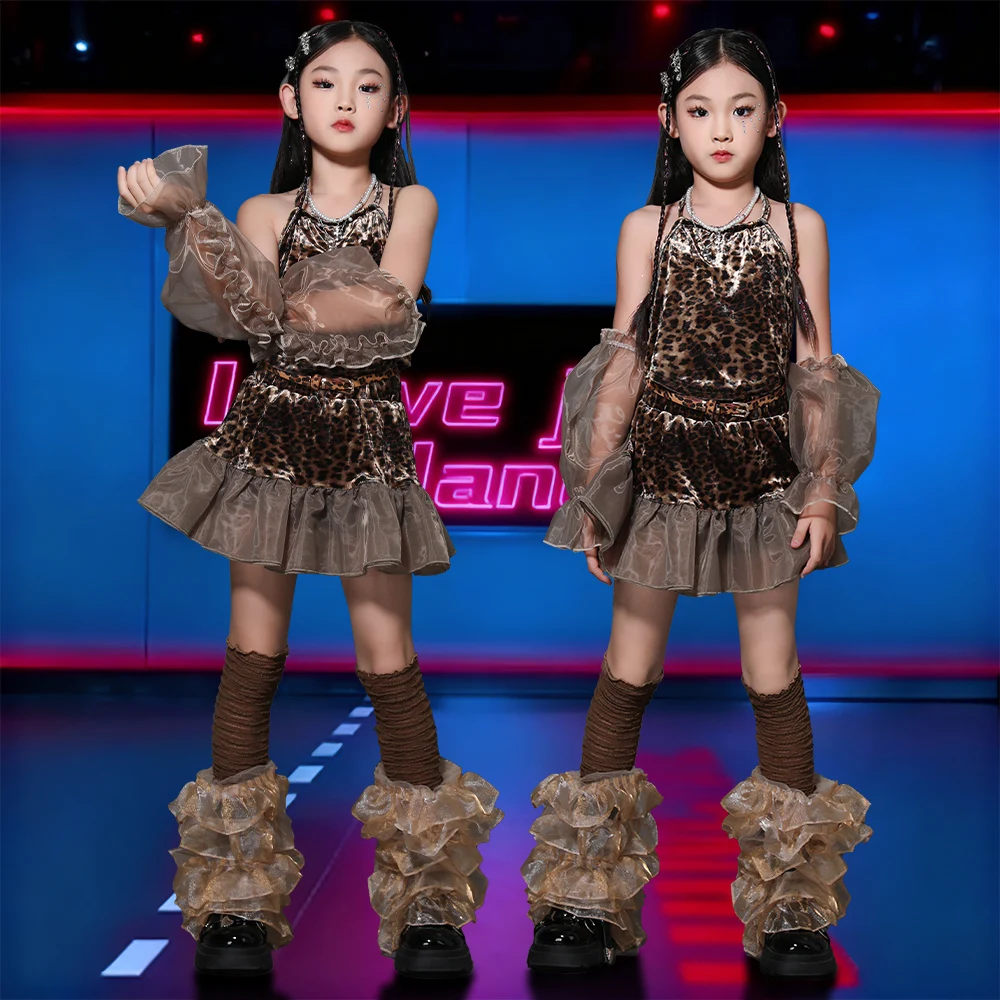 

2026 Новогодний леопардовый блестящий костюм с юбкой-бретелькой, костюмы для джазовых танцев для девочек, черлидинг, хип-хоп, танцевальная сценическая одежда XH3900