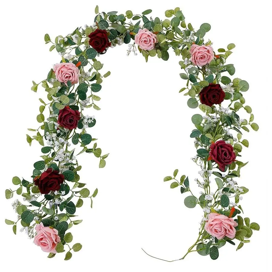 

Whimsy 2PCS 5.91FT Artificial Eucalyptus Garland with Flowers, Fake Rose Gypsophila Garlands, Faux Floral Greenery Garland for W