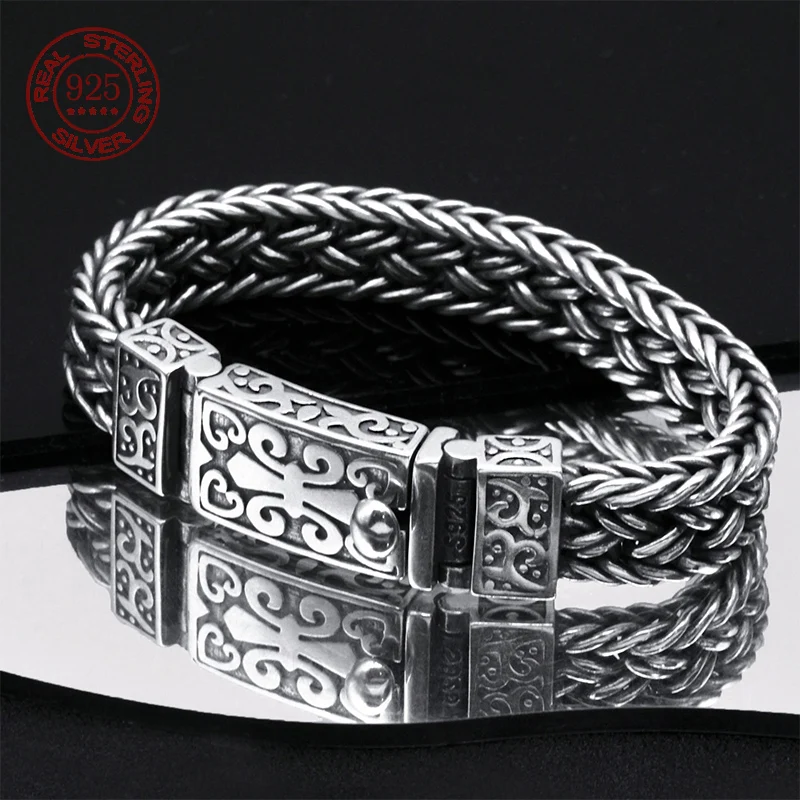 

100% Solid S925 Sterling Silver 11MM Braided Bracelet for Men Solid Silver Steampunk Hiphop Rock Style Fashion Part Jewelry Gift