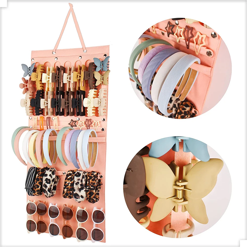 Hanging Hair Claws Clip Storage Pink Organizer for Women Girls Felt  Headbands Display Hairpin Sunglasses Accessories Holder Bag