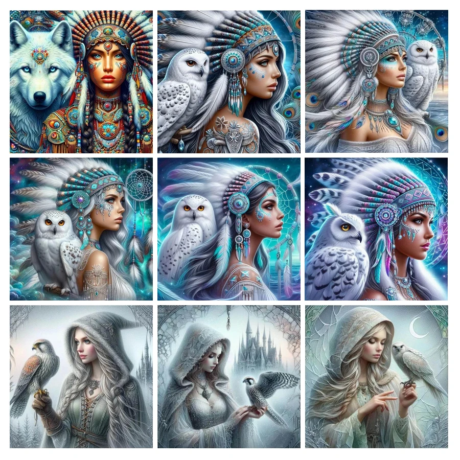 New Diy 5d Diamond Painting Gothic Style Woman And Owl Full Mosaic Embroidery Animals Parrot Wolf Rhinestone Picture Wall Decor