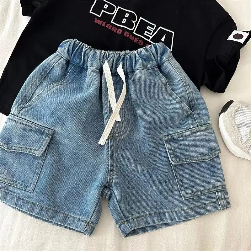 

Boys Girls Denim Shorts Summer Elastic Waist Drawstring Solid Color Pocket Cargo Jeans Baby Boys Casual Shorts