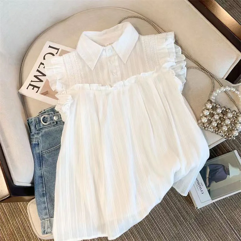 French Gentle Sleeveless Ruffle Edge White Shirt 2024 Summer New Doll Shirt Loose Covering Belly Top